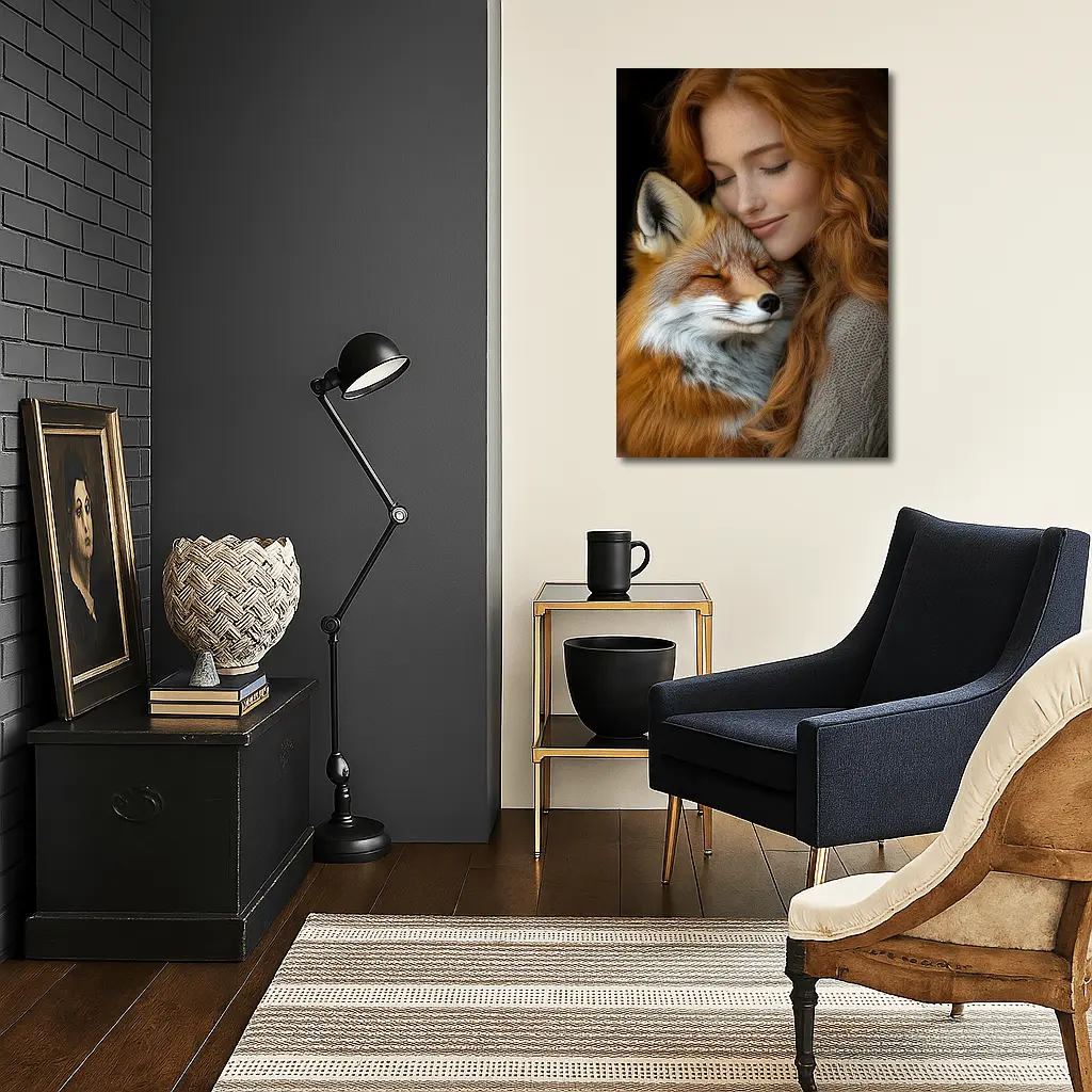 Red Haired Woman Hugging Sleepy Red Fox – Wall Art