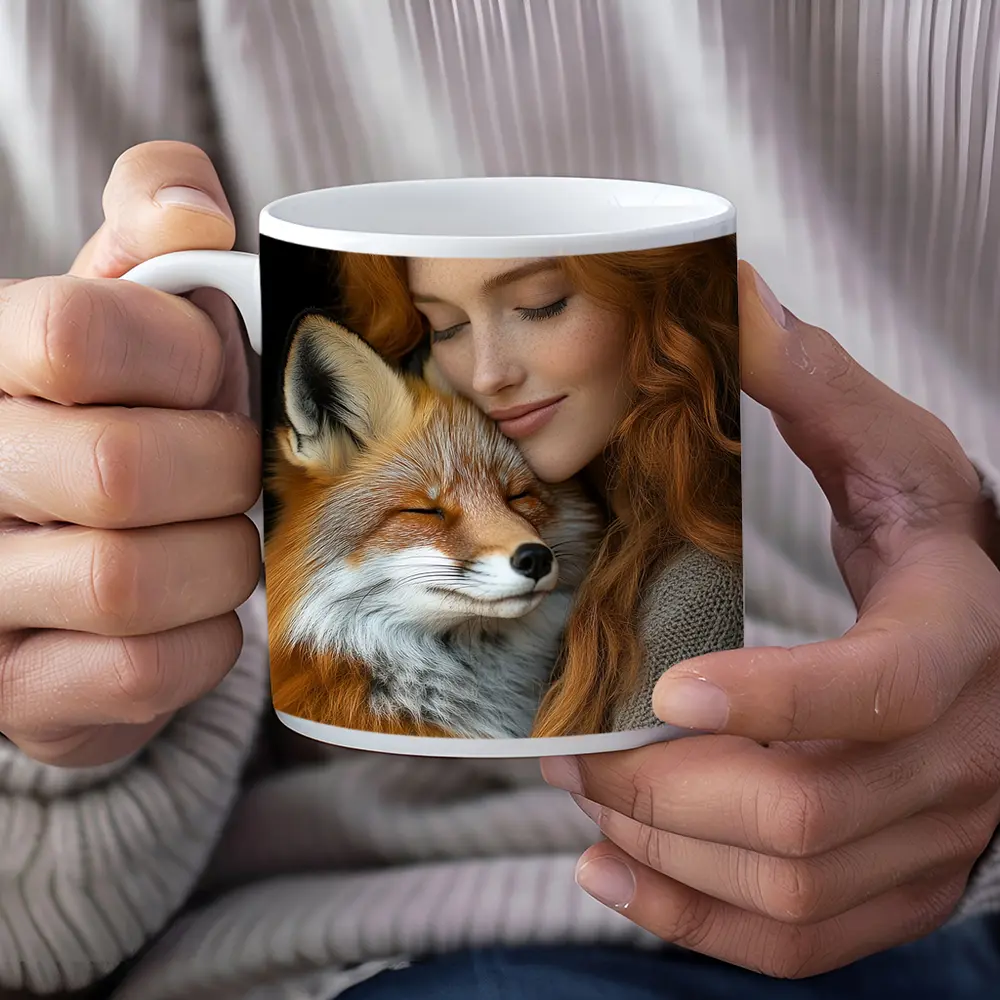 Red Haired Woman Hugging Sleepy Red Fox – Mugs