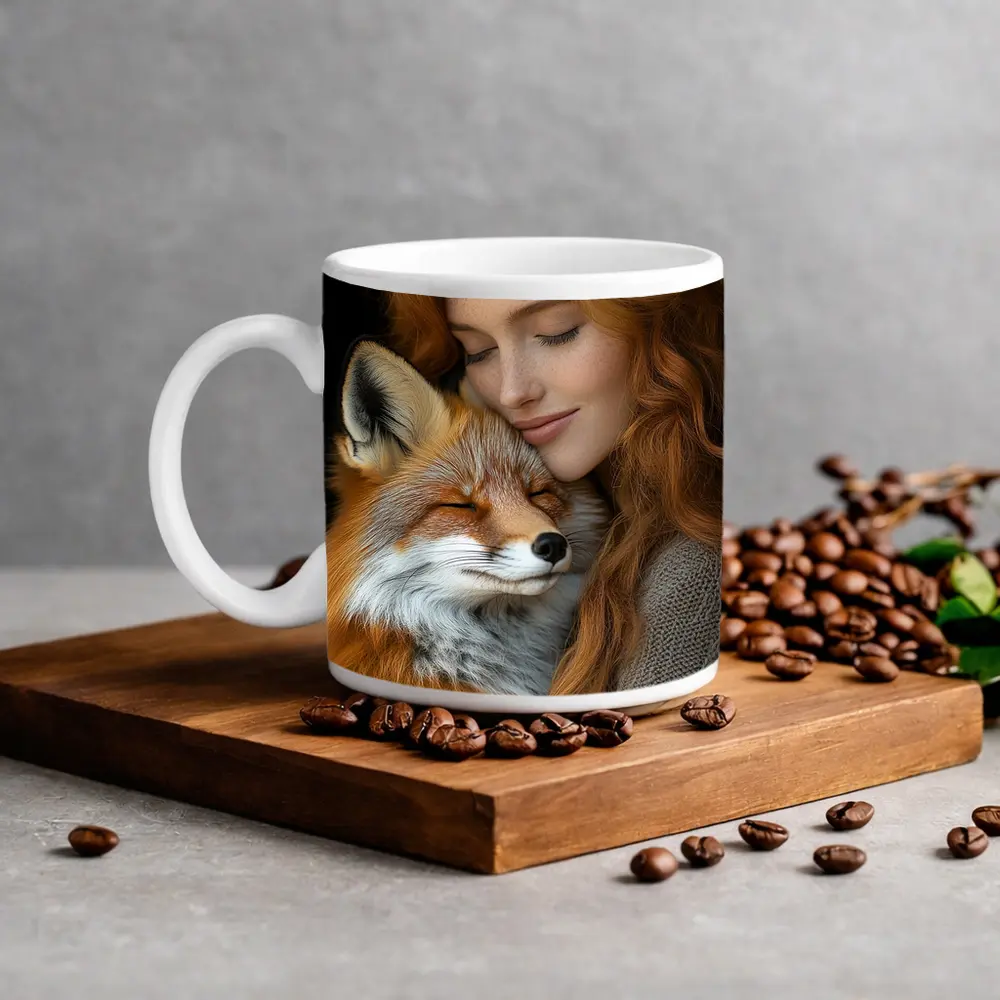 Red Haired Woman Hugging Sleepy Red Fox – Mugs