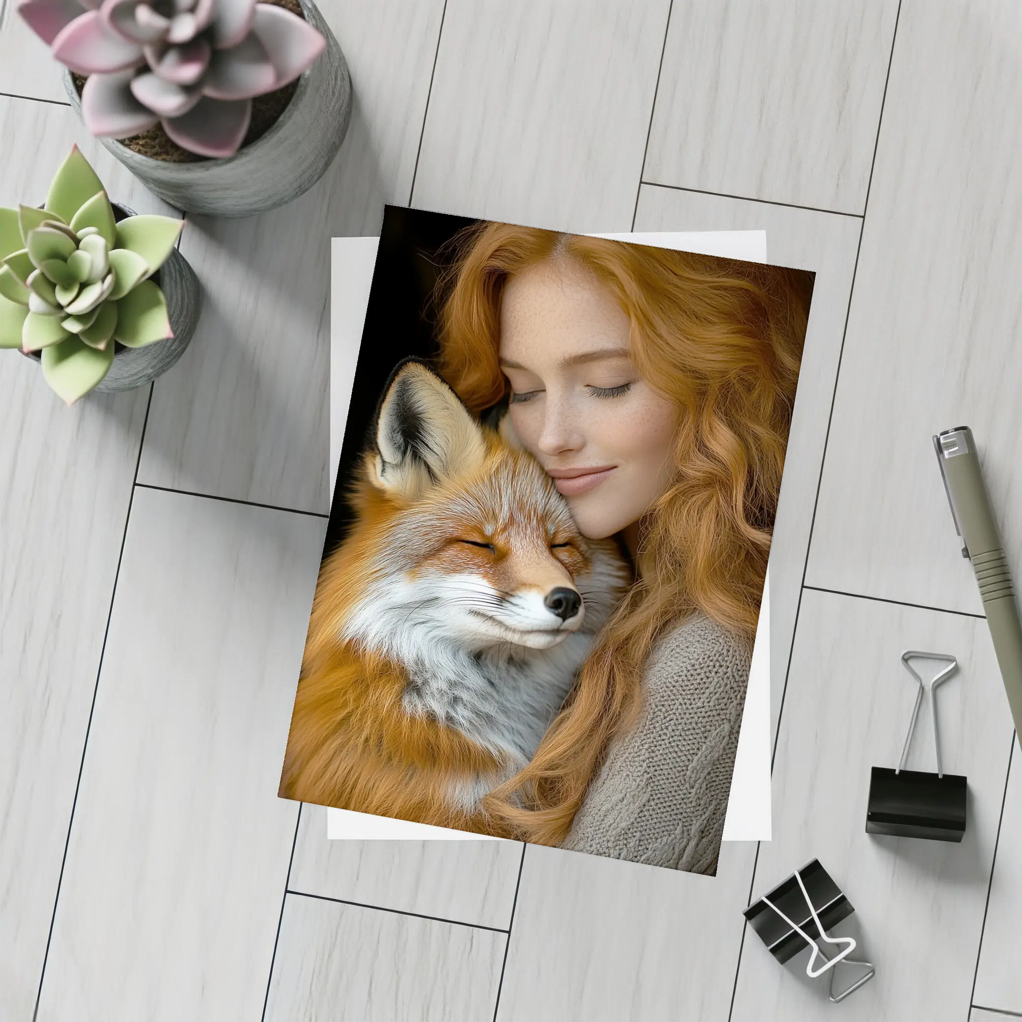 Red Haired Woman Hugging Sleepy Red Fox – Postcards