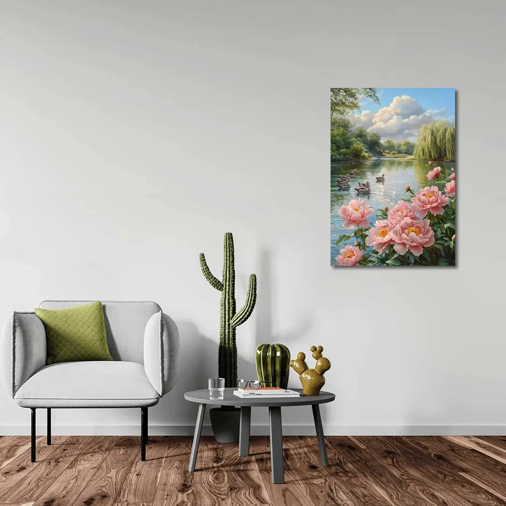 Pink Peonies by Calm Lake with Ducks – Wall Art