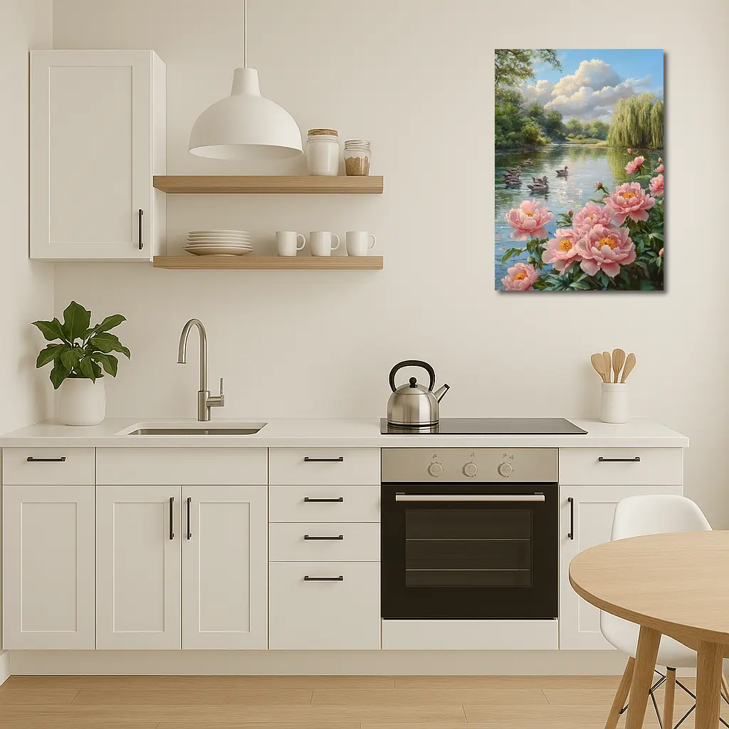 Pink Peonies by Calm Lake with Ducks – Wall Art