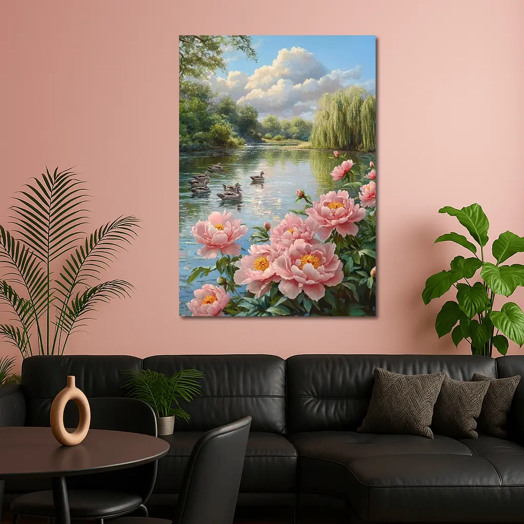 Pink Peonies by Calm Lake with Ducks – Wall Art