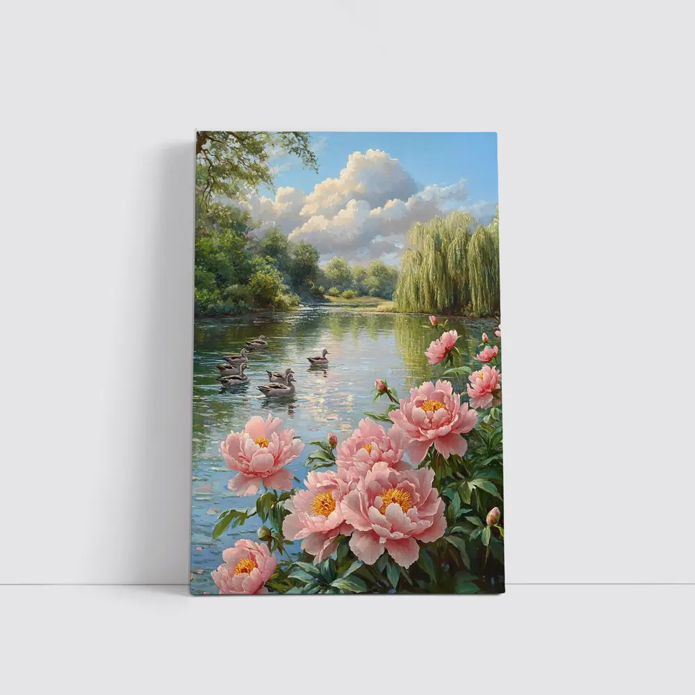 Pink Peonies by Calm Lake with Ducks – Wall Art
