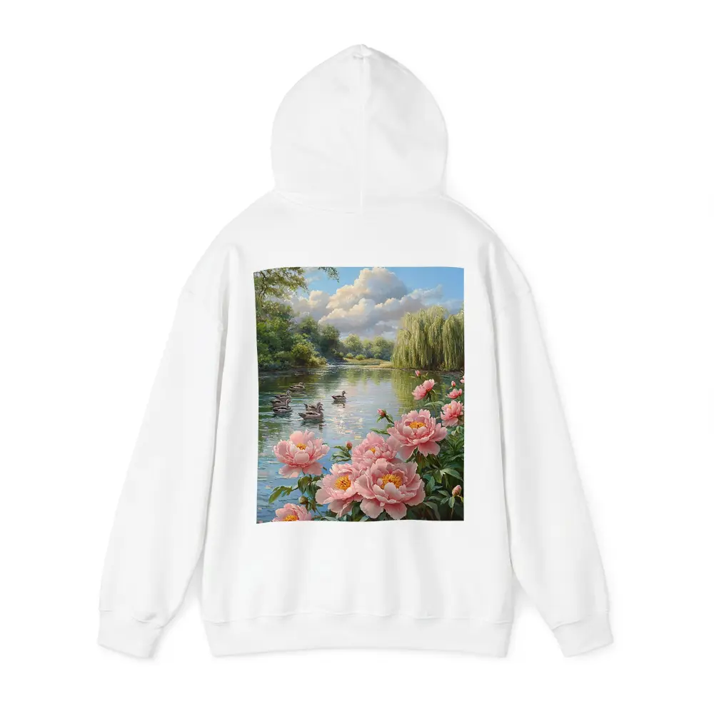 Pink Peonies by Calm Lake with Ducks – Hoodies