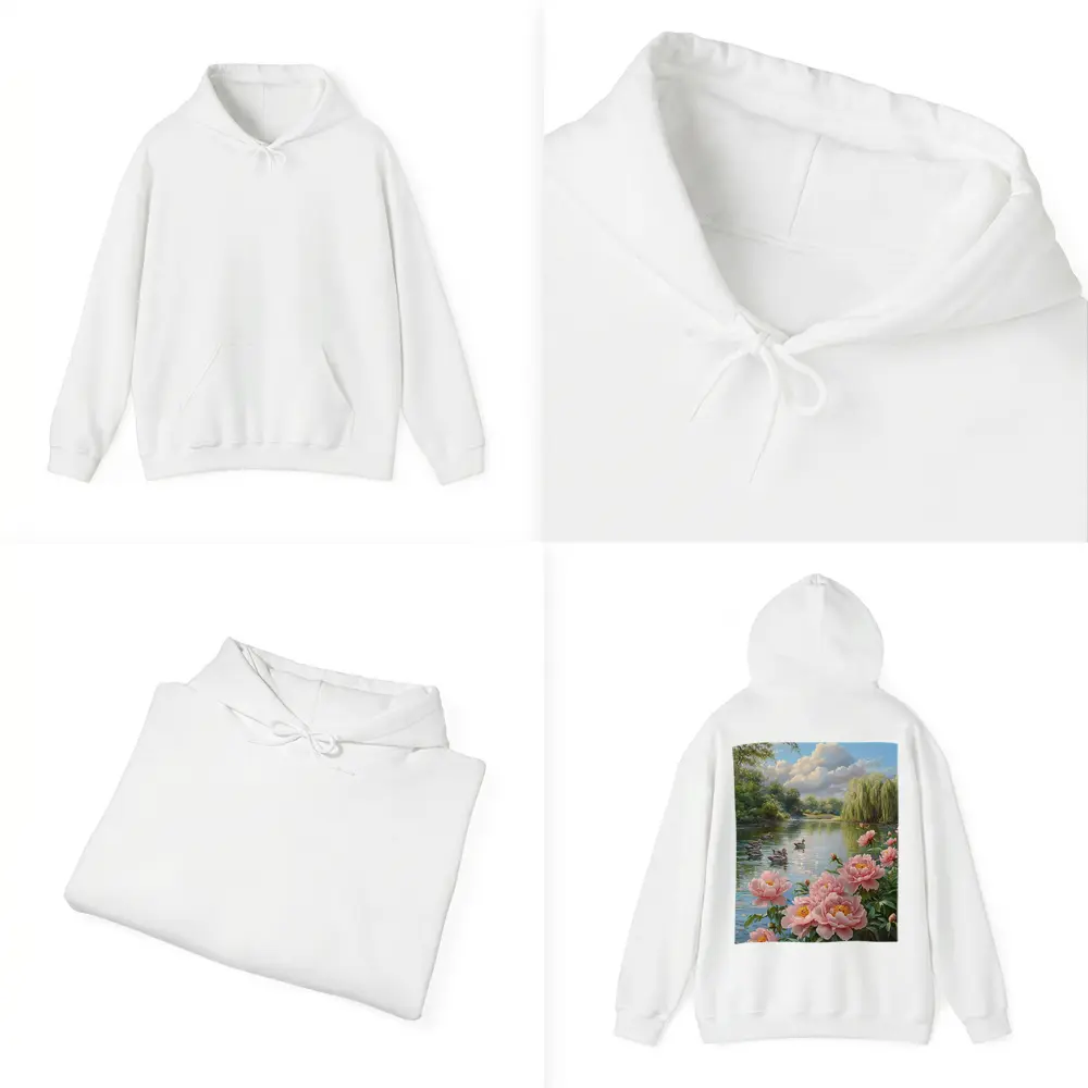 Pink Peonies by Calm Lake with Ducks – Hoodies