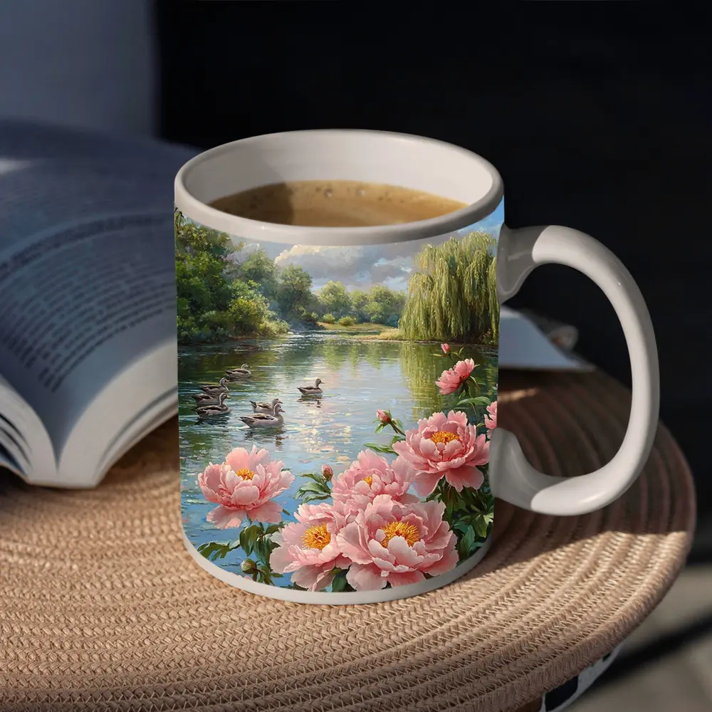Pink Peonies by Calm Lake with Ducks – Mugs