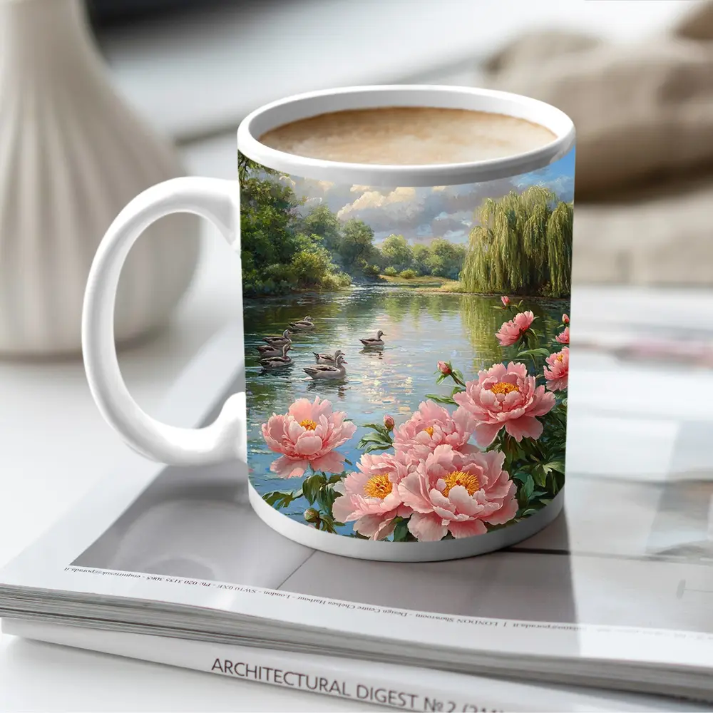 Pink Peonies by Calm Lake with Ducks – Mugs