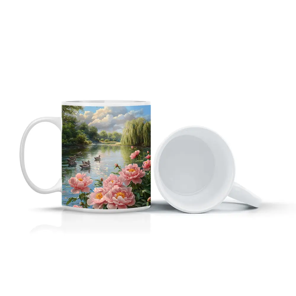 Pink Peonies by Calm Lake with Ducks – Mugs