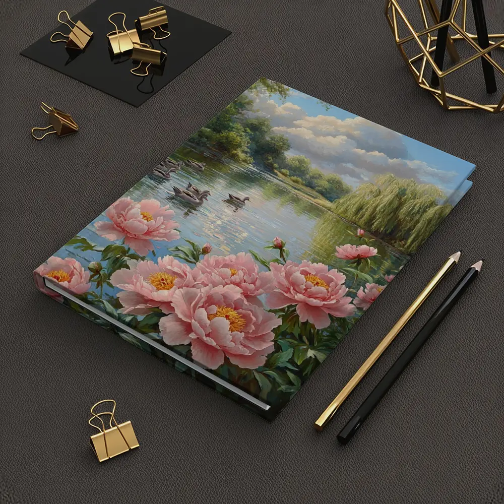 Pink Peonies by Calm Lake with Ducks – Notebooks