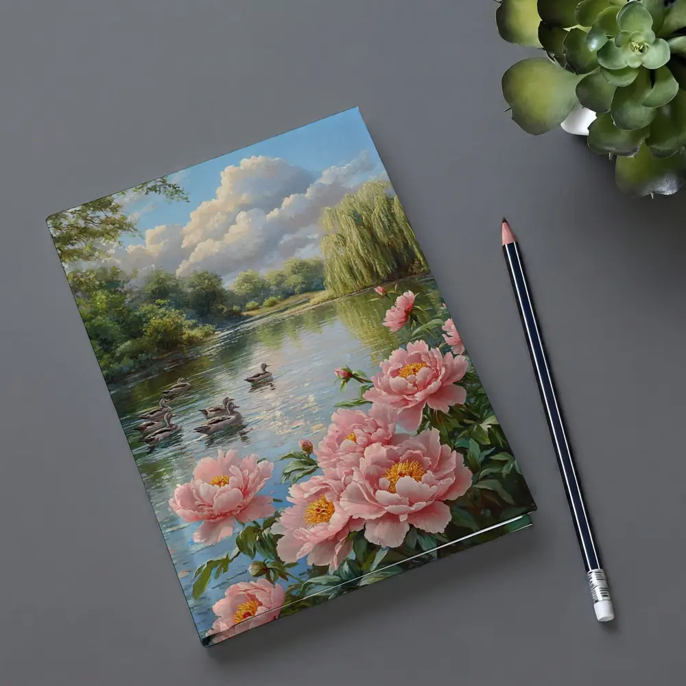 Pink Peonies by Calm Lake with Ducks – Notebooks