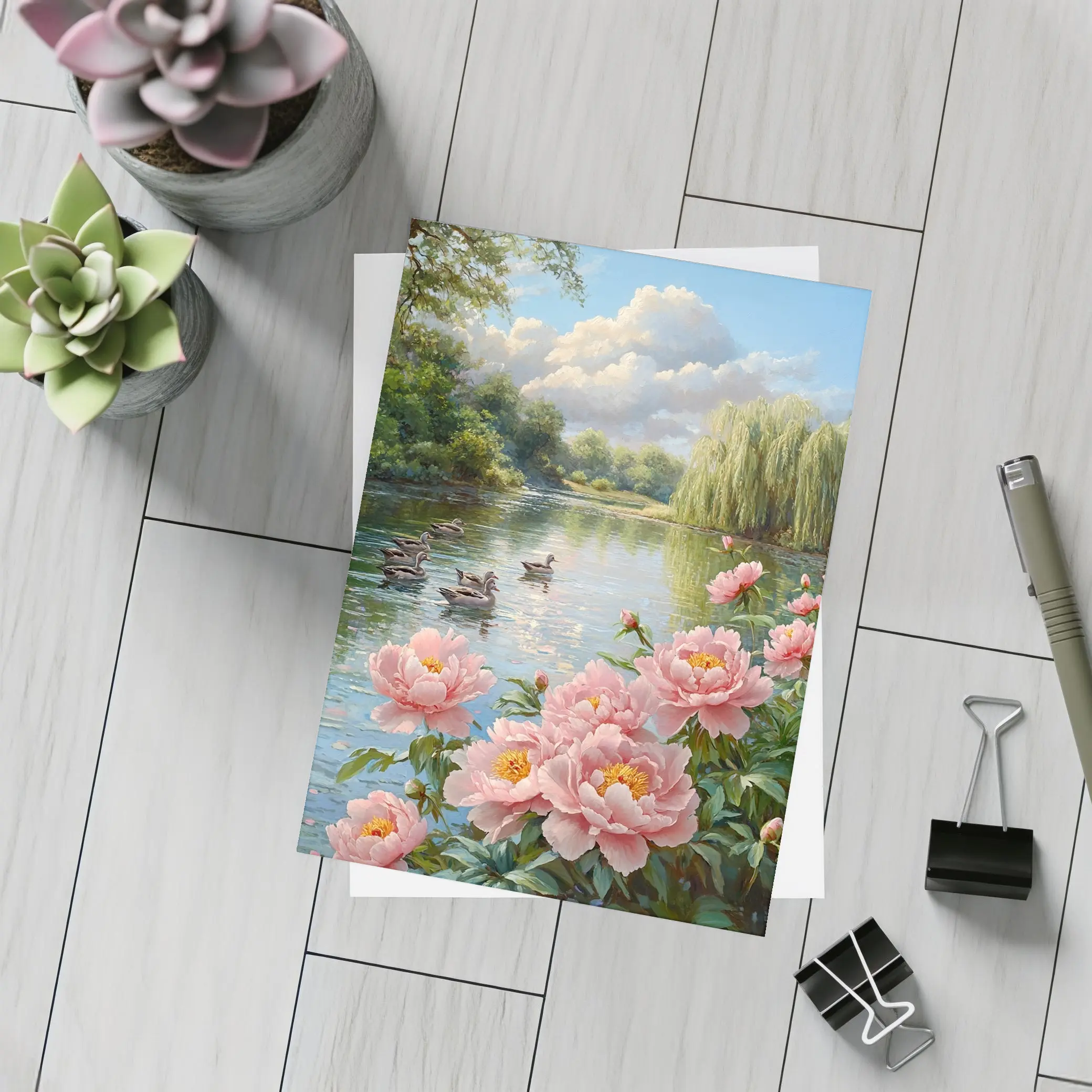 Pink Peonies by Calm Lake with Ducks – Postcards