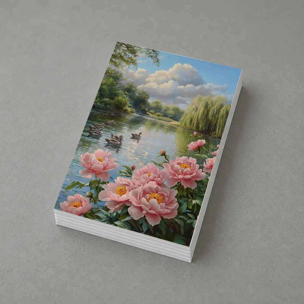 Pink Peonies by Calm Lake with Ducks – Postcards