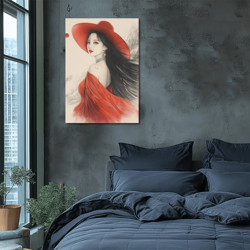 Asian Woman Red Hat Ink Art Style – Wall Art