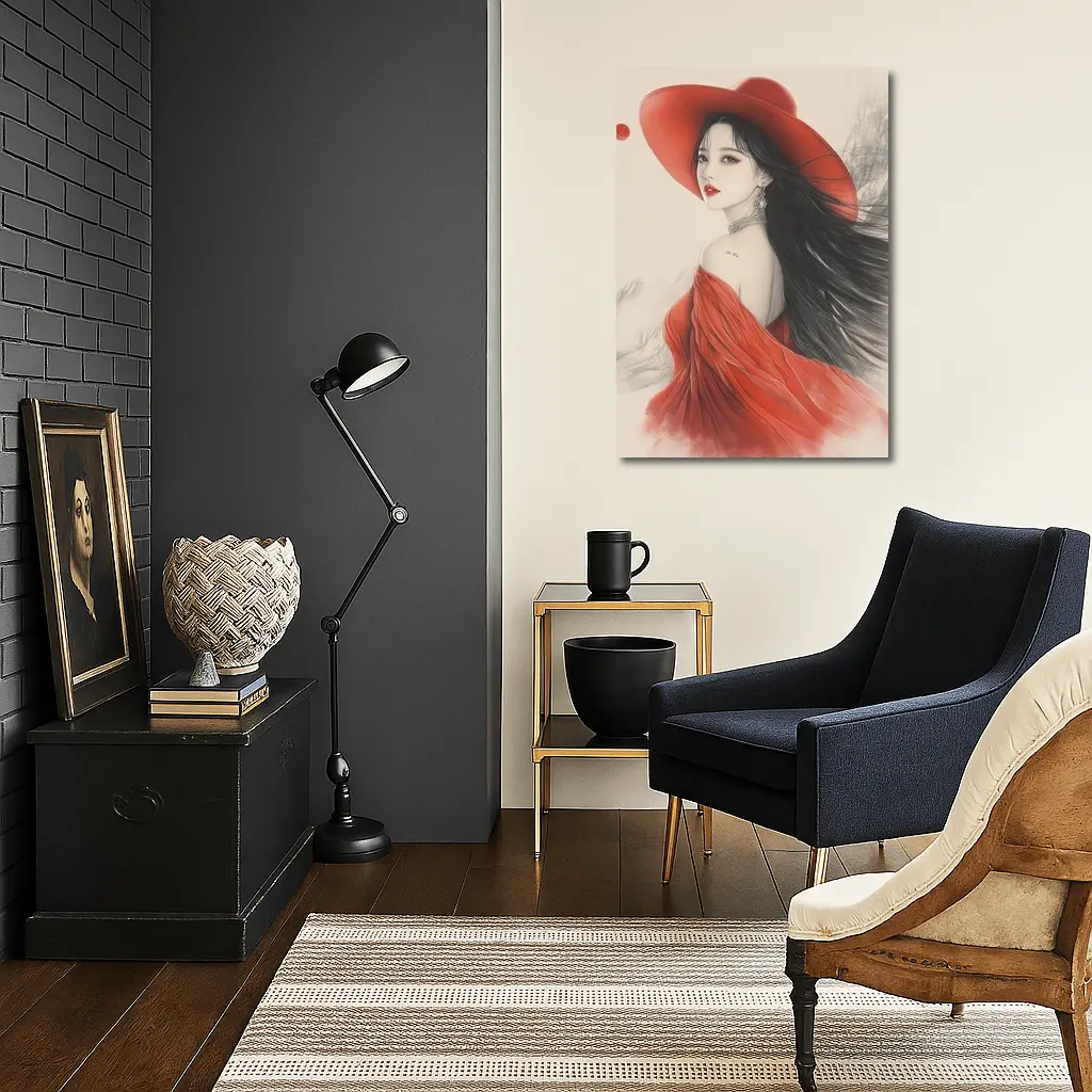 Asian Woman Red Hat Ink Art Style – Wall Art