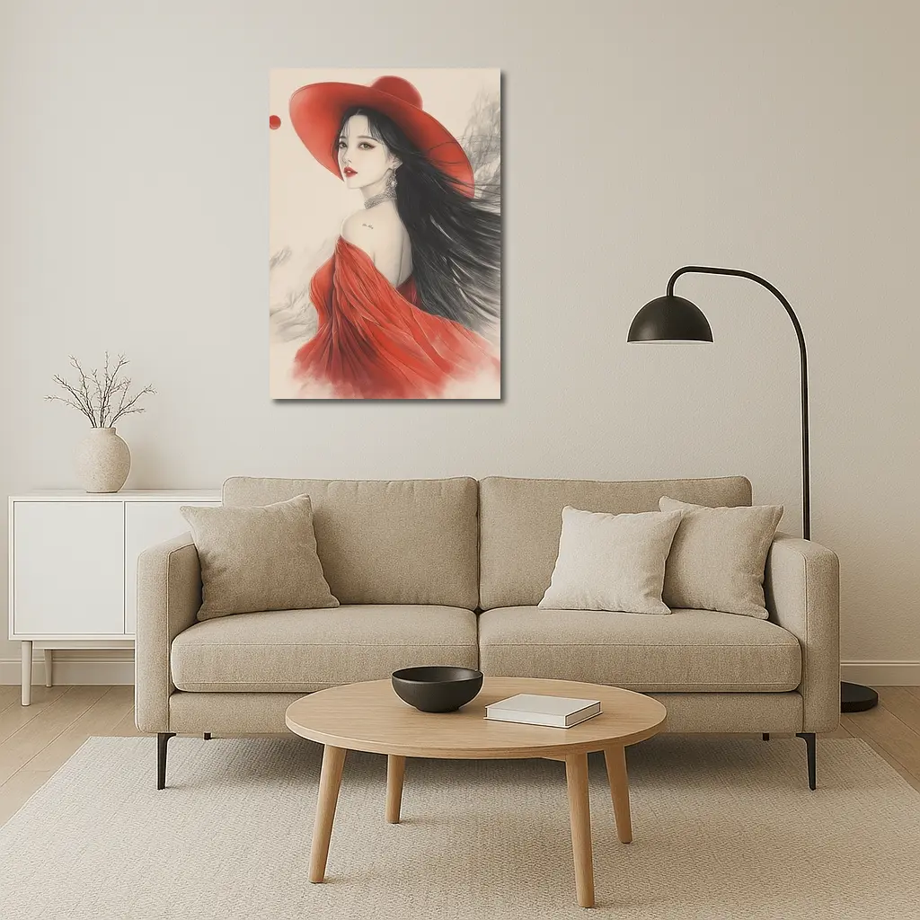 Asian Woman Red Hat Ink Art Style – Wall Art