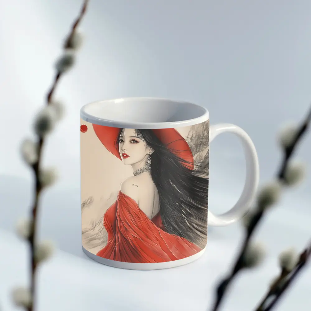 Asian Woman Red Hat Ink Art Style – Mugs