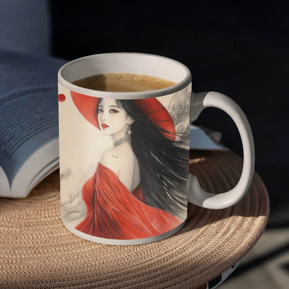 Asian Woman Red Hat Ink Art Style – Mugs