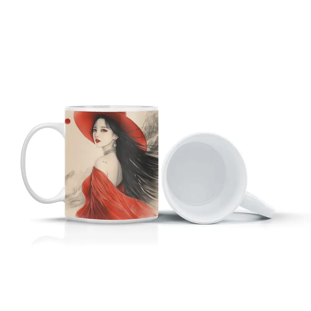 Asian Woman Red Hat Ink Art Style – Mugs