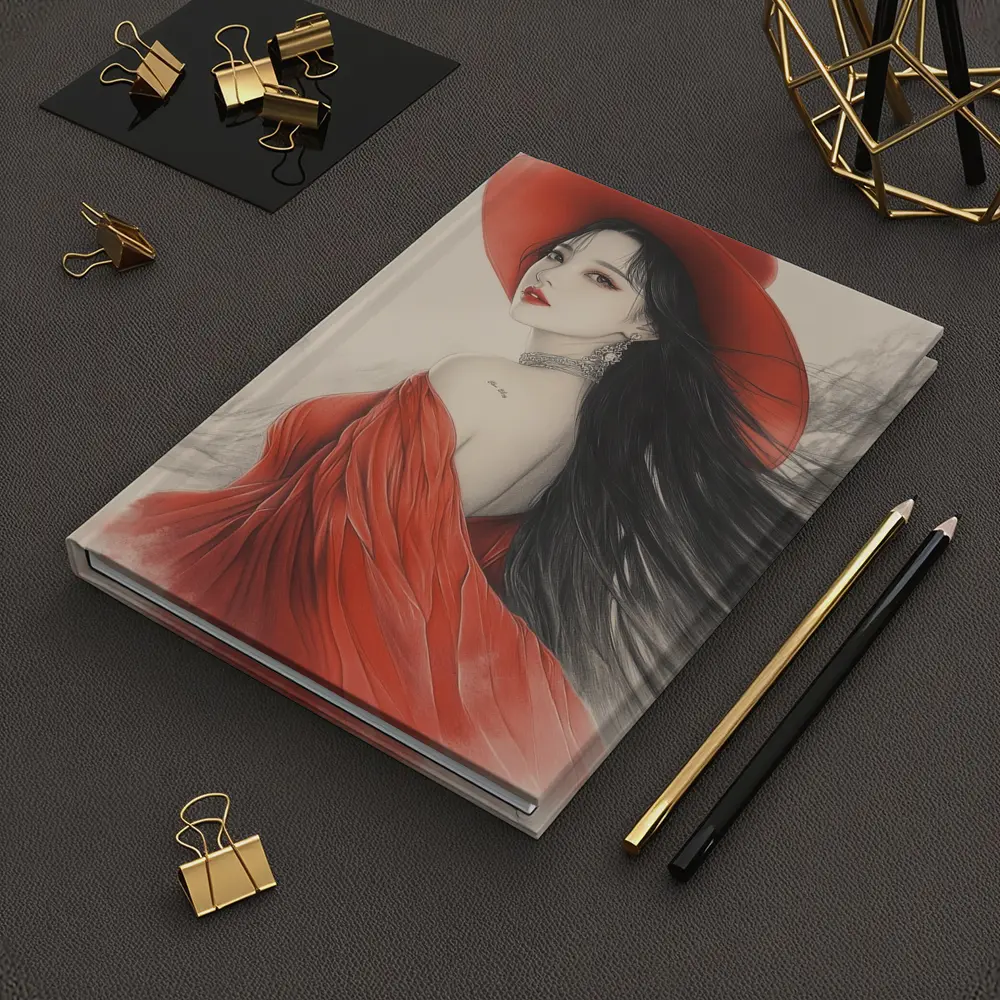 Asian Woman Red Hat Ink Art Style – Notebooks