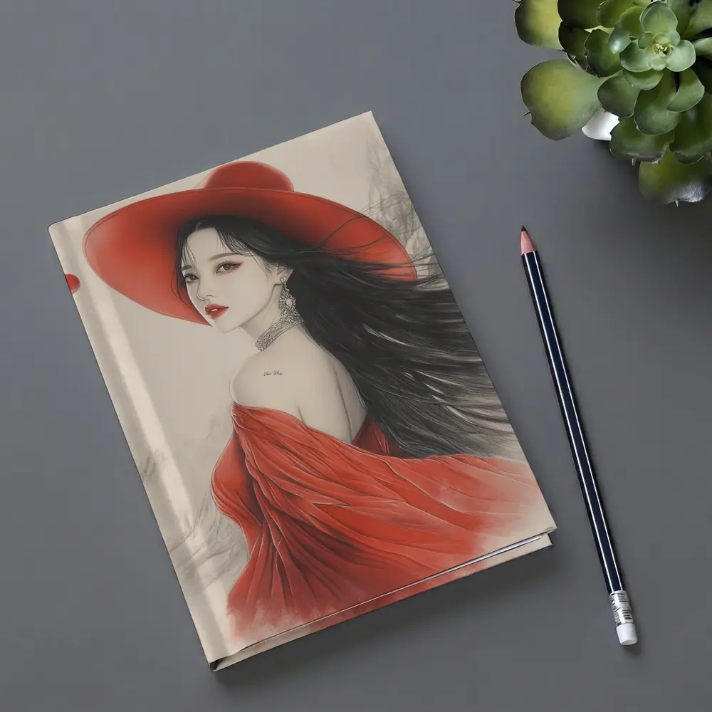 Asian Woman Red Hat Ink Art Style – Notebooks
