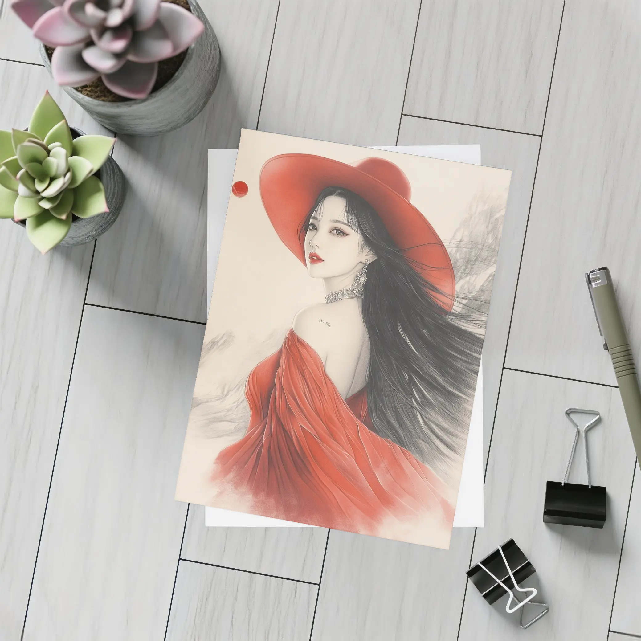 Asian Woman Red Hat Ink Art Style – Postcards