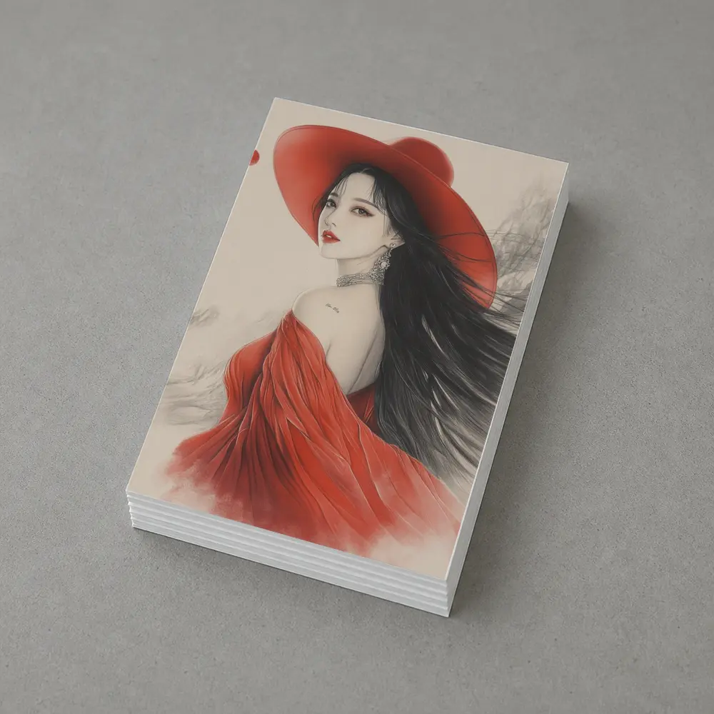 Asian Woman Red Hat Ink Art Style – Postcards