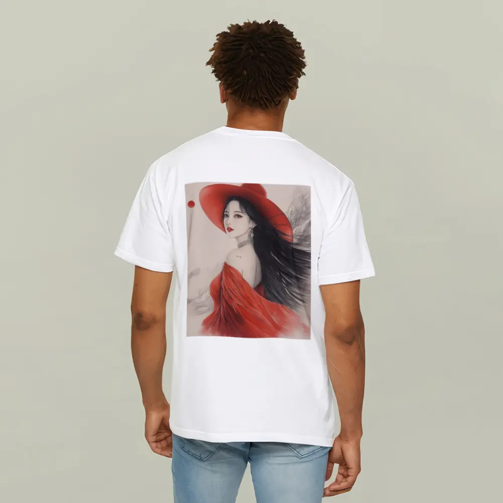 Asian Woman Red Hat Ink Art Style – T-Shirts