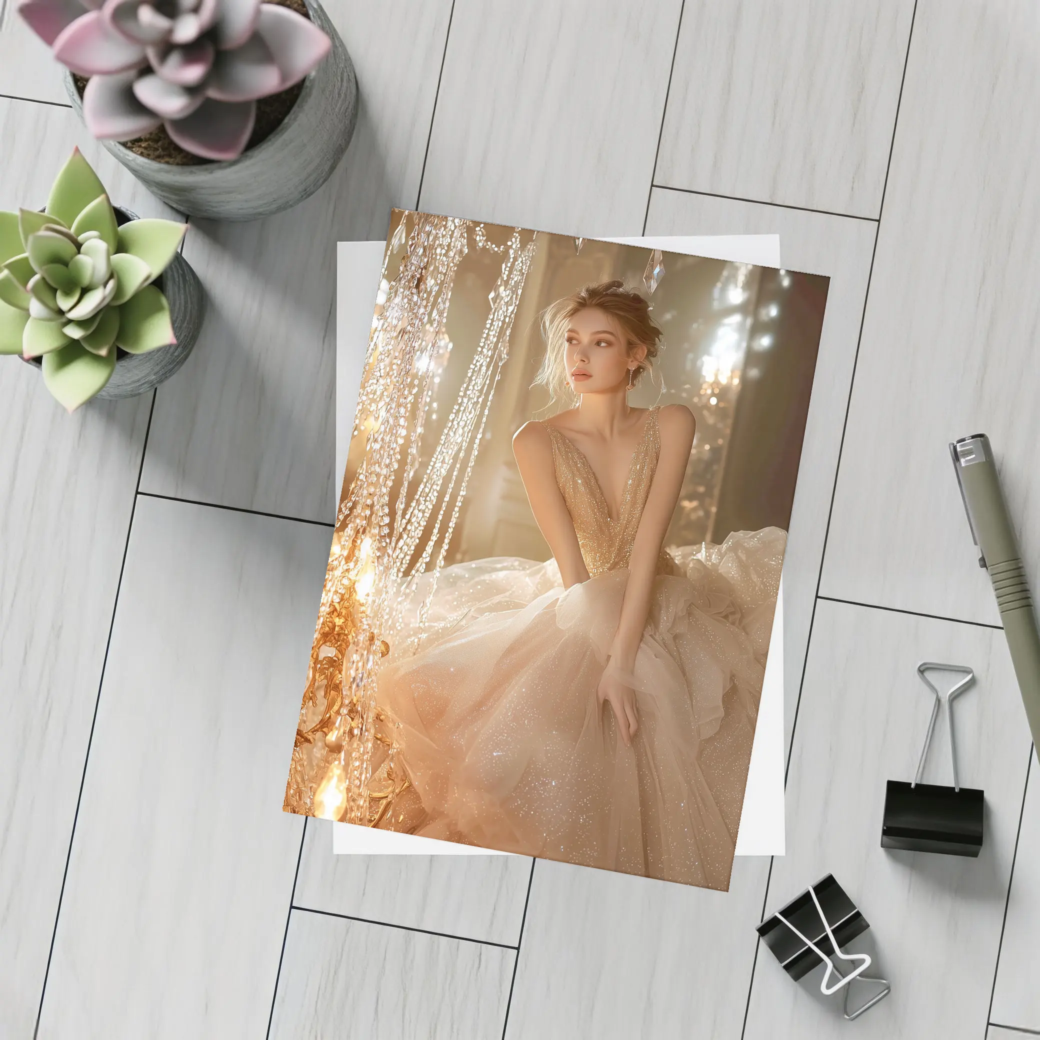 Glittering Ball Gown Woman Chandelier Room – Postcards