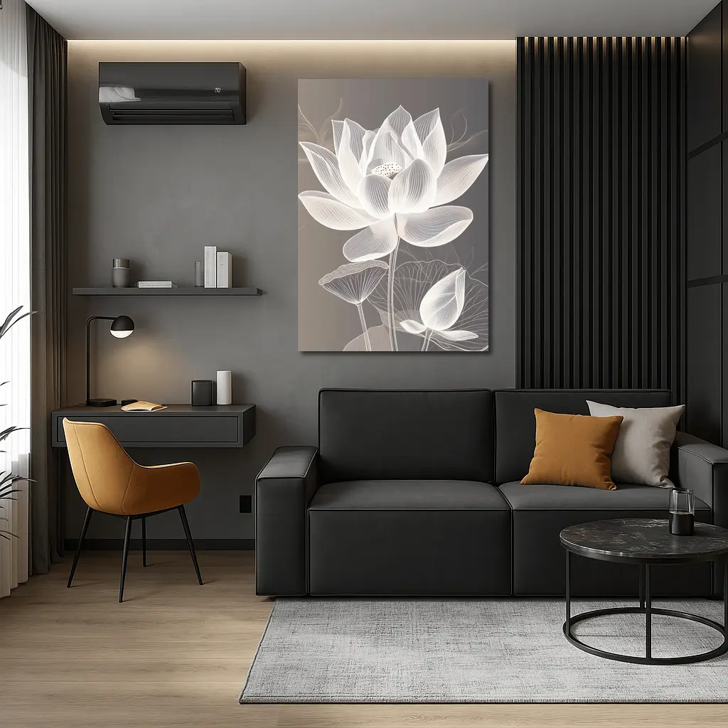 White Lotus Flower Line Art Gray Background – Wall Art