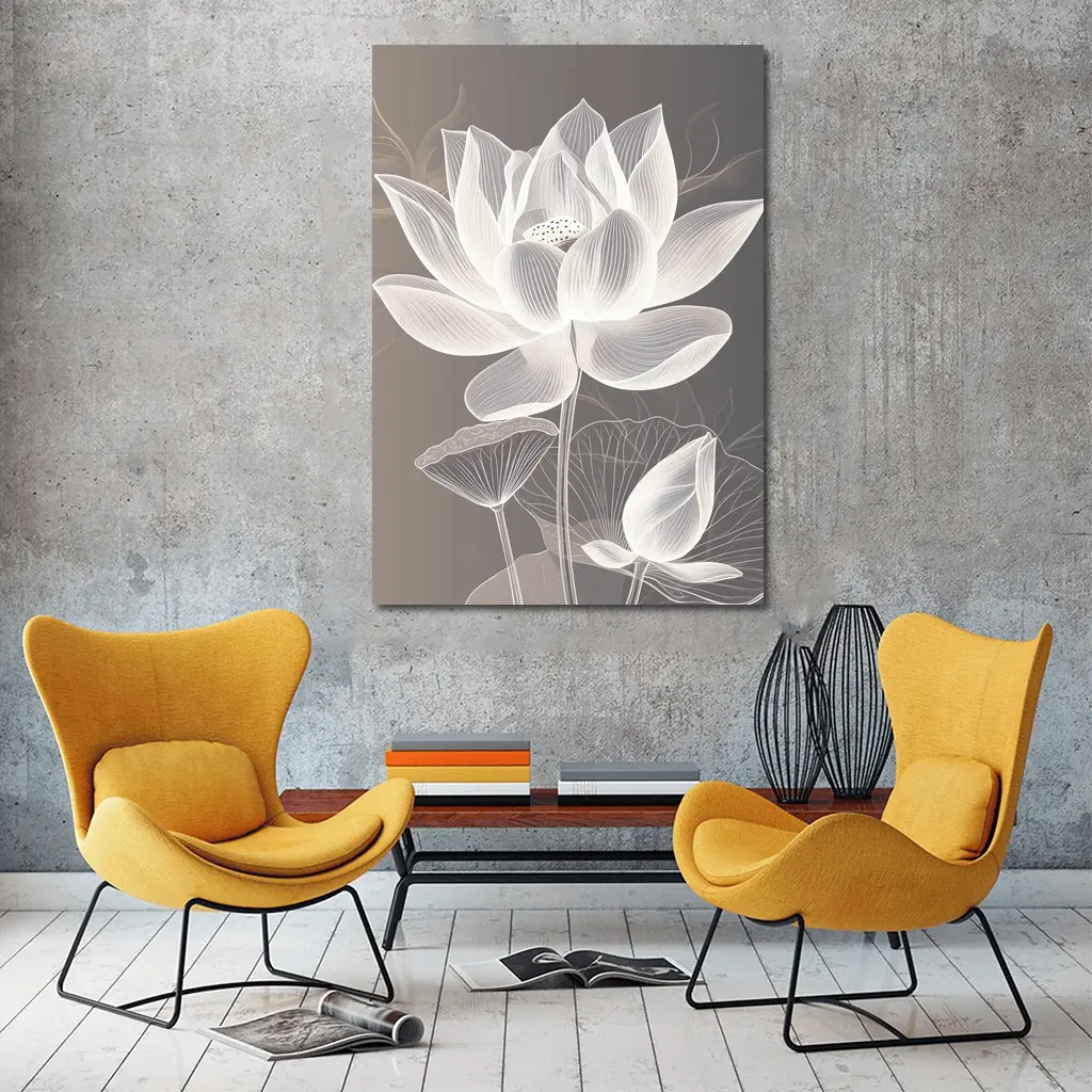 White Lotus Flower Line Art Gray Background – Wall Art