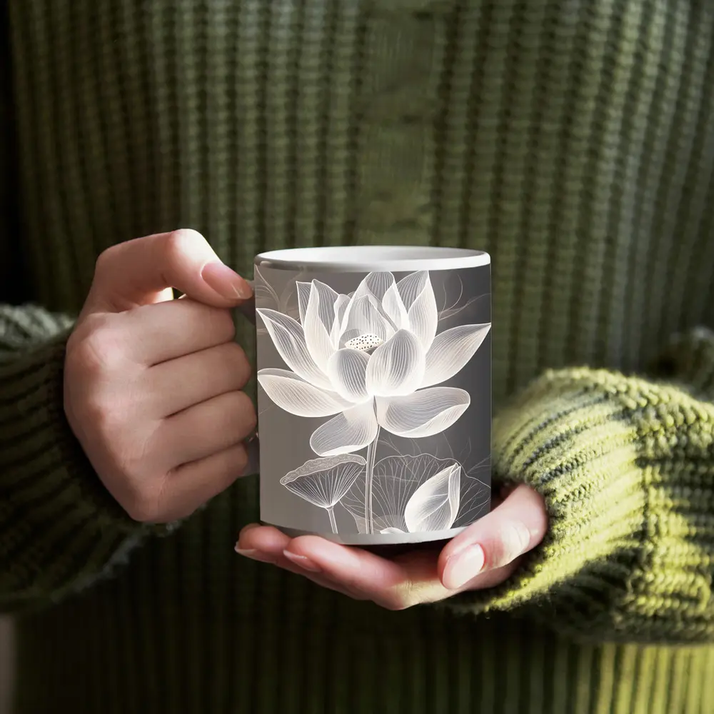 White Lotus Flower Line Art Gray Background – Mugs