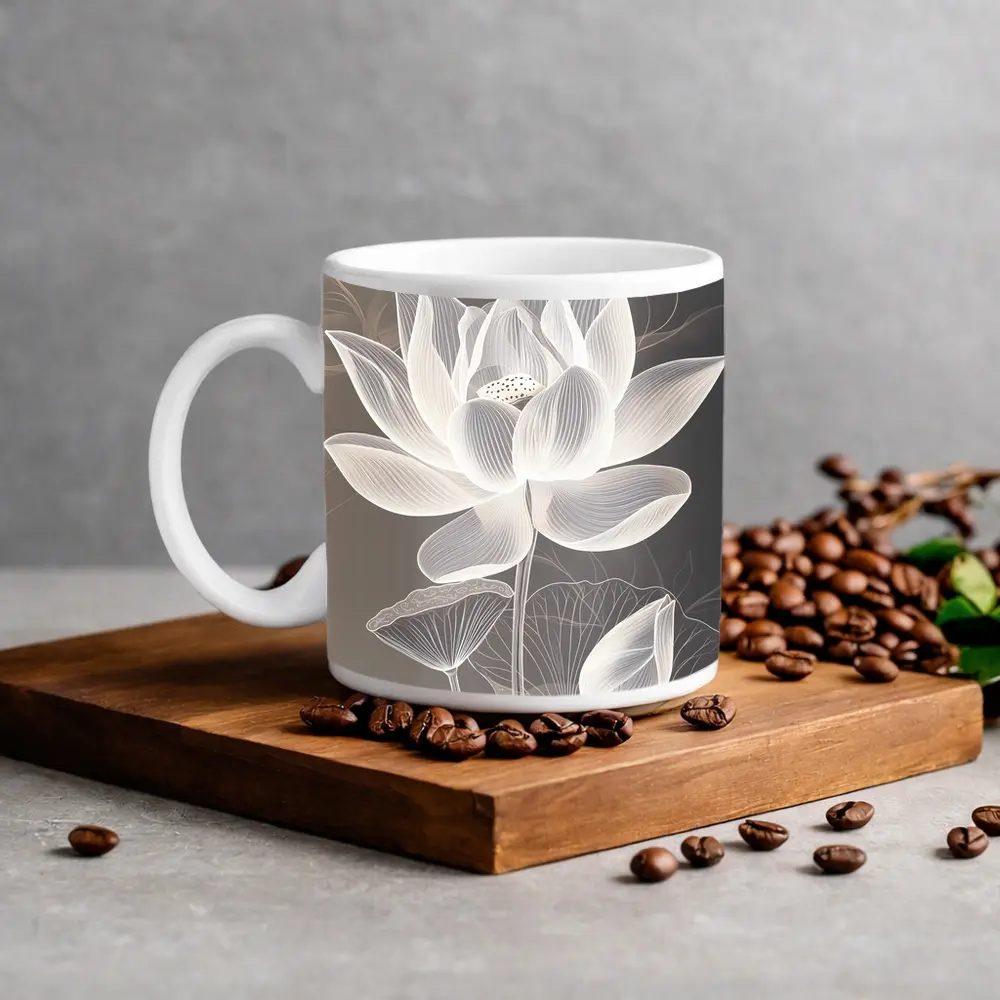 White Lotus Flower Line Art Gray Background – Mugs