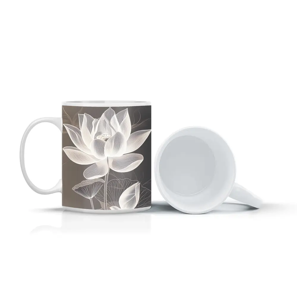 White Lotus Flower Line Art Gray Background – Mugs