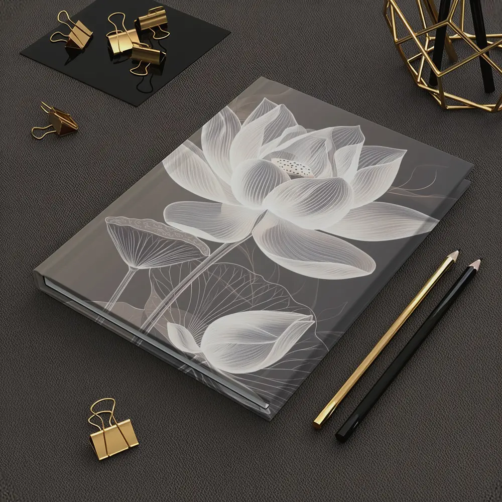 White Lotus Flower Line Art Gray Background – Notebooks