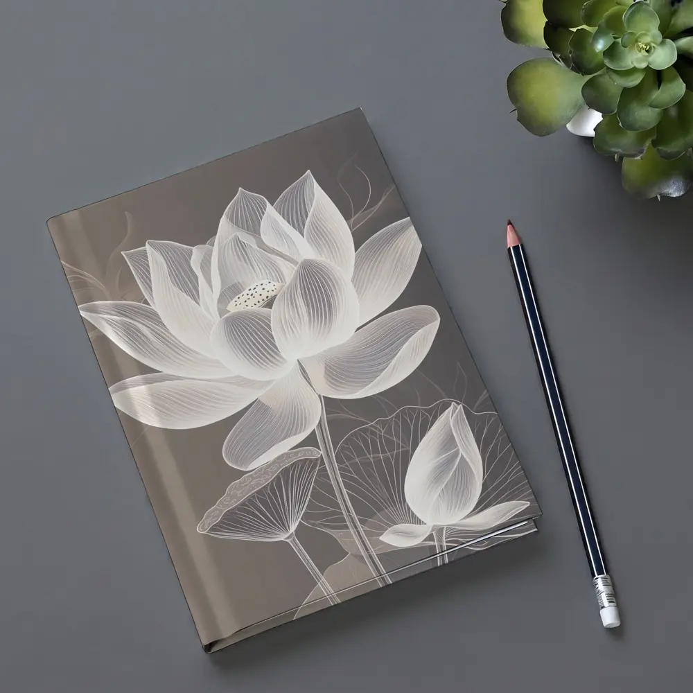 White Lotus Flower Line Art Gray Background – Notebooks