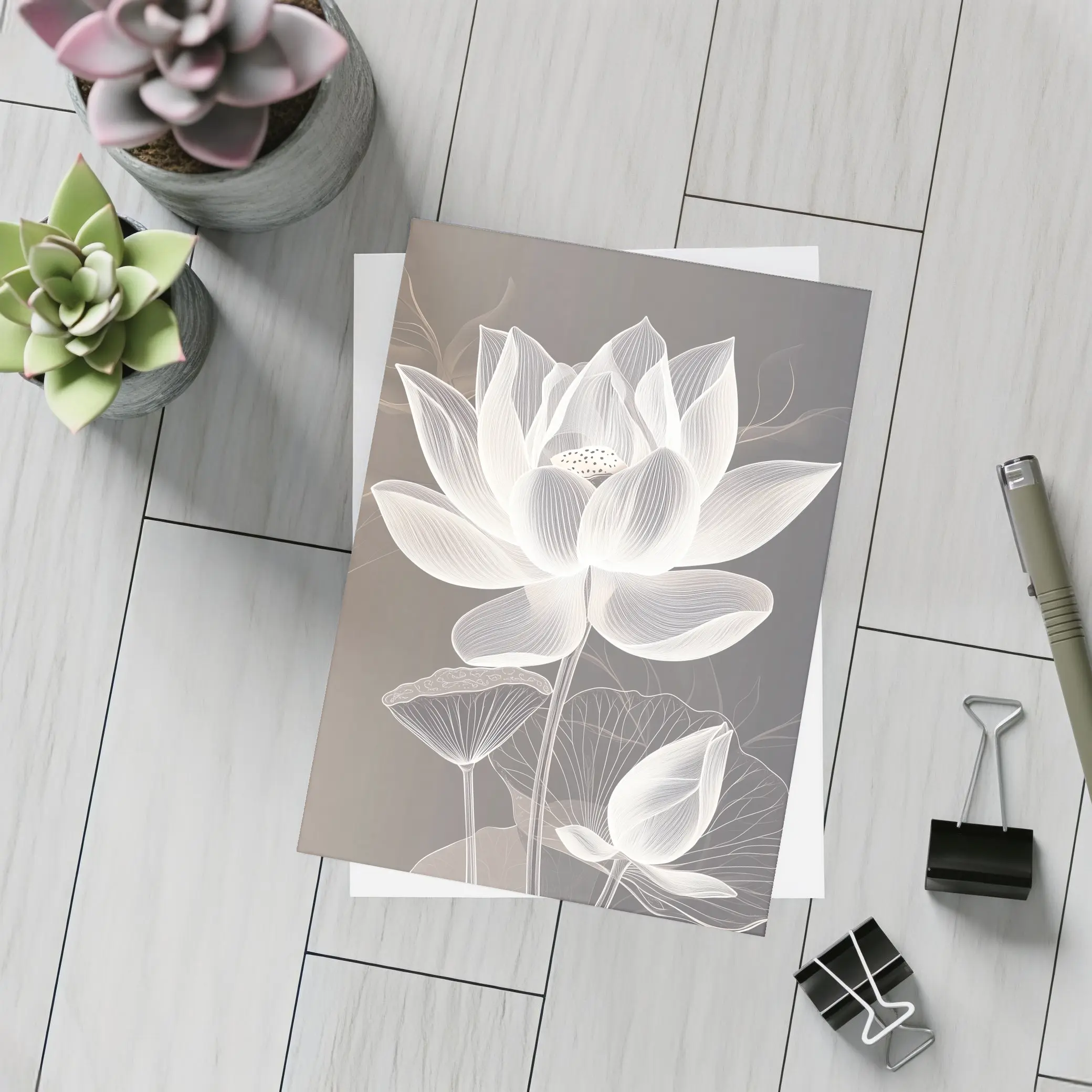 White Lotus Flower Line Art Gray Background – Postcards