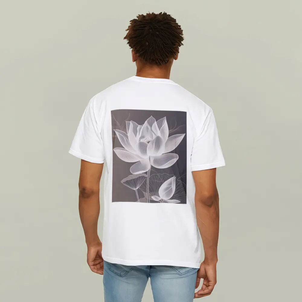 White Lotus Flower Line Art Gray Background – T-Shirts