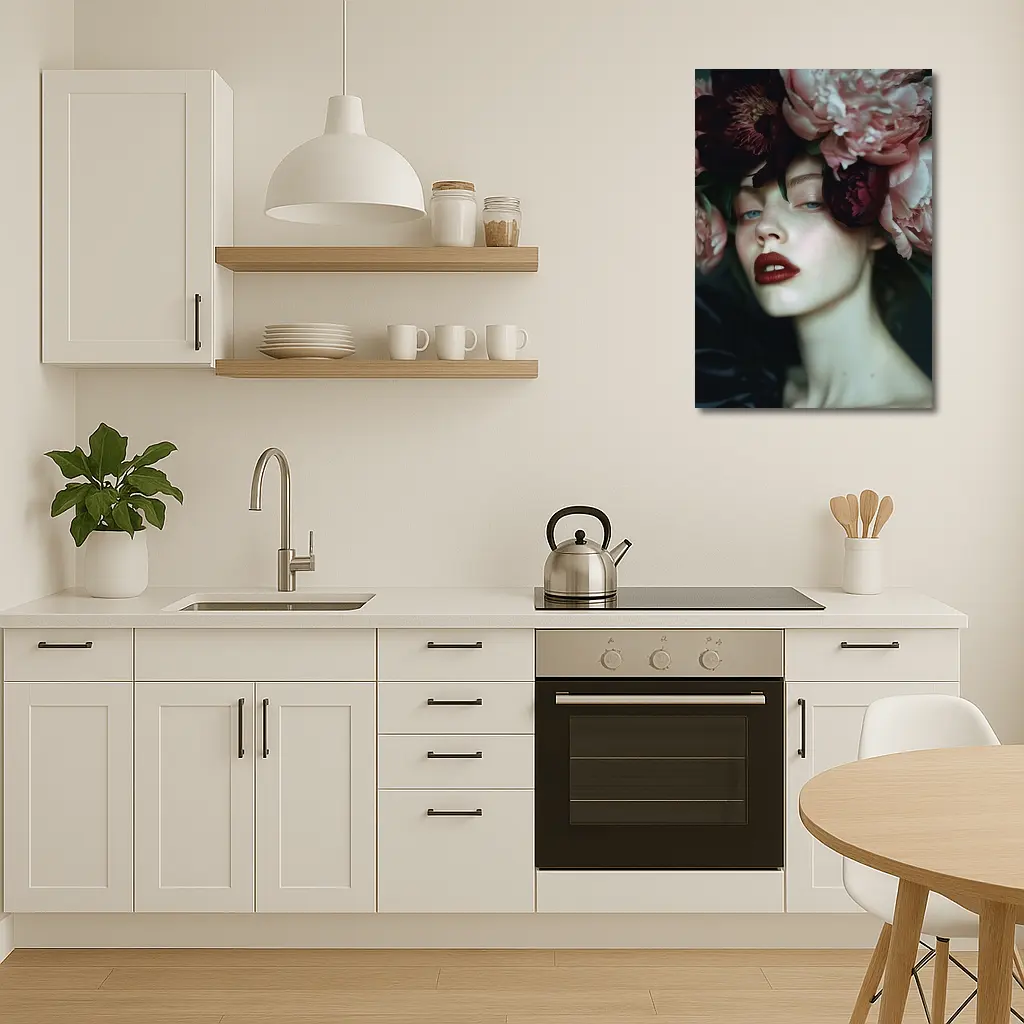 Woman With Pink Peonies Dark Floral – Wall Art