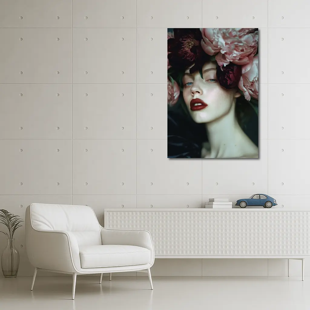 Woman With Pink Peonies Dark Floral – Wall Art