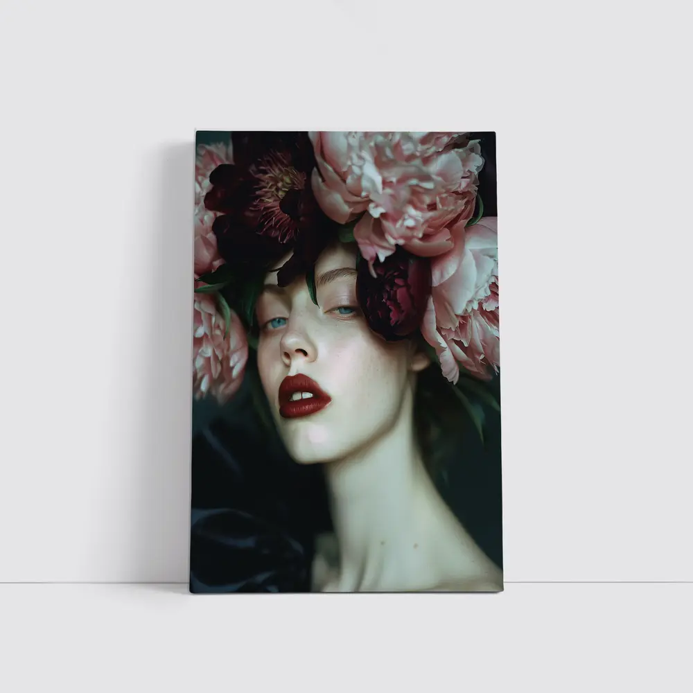 Woman With Pink Peonies Dark Floral – Wall Art