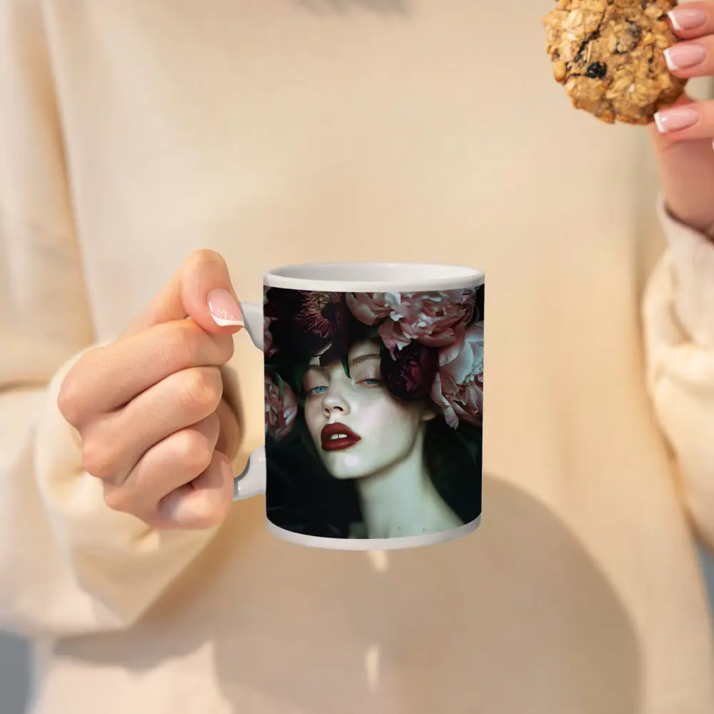 Woman With Pink Peonies Dark Floral – Mugs