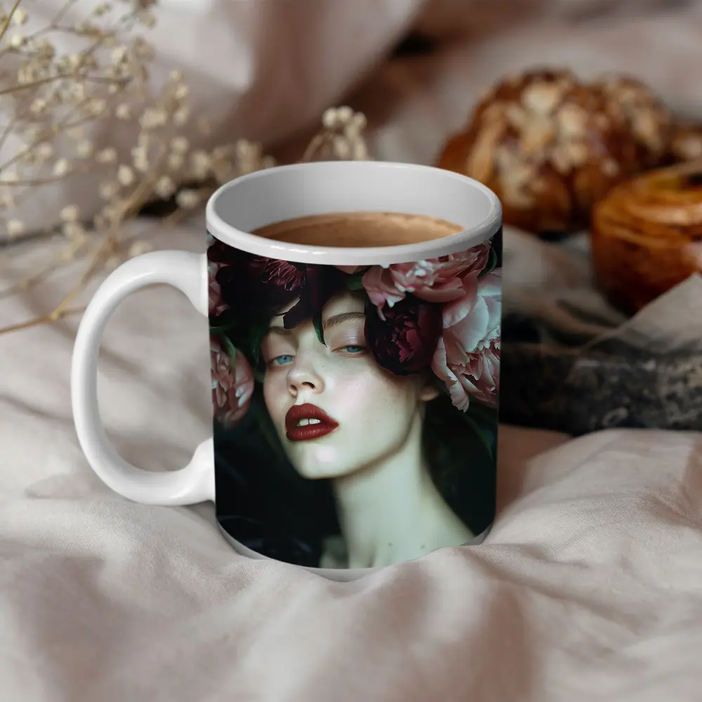 Woman With Pink Peonies Dark Floral – Mugs