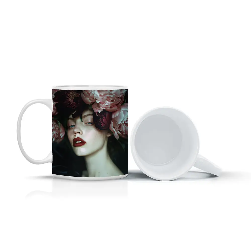 Woman With Pink Peonies Dark Floral – Mugs