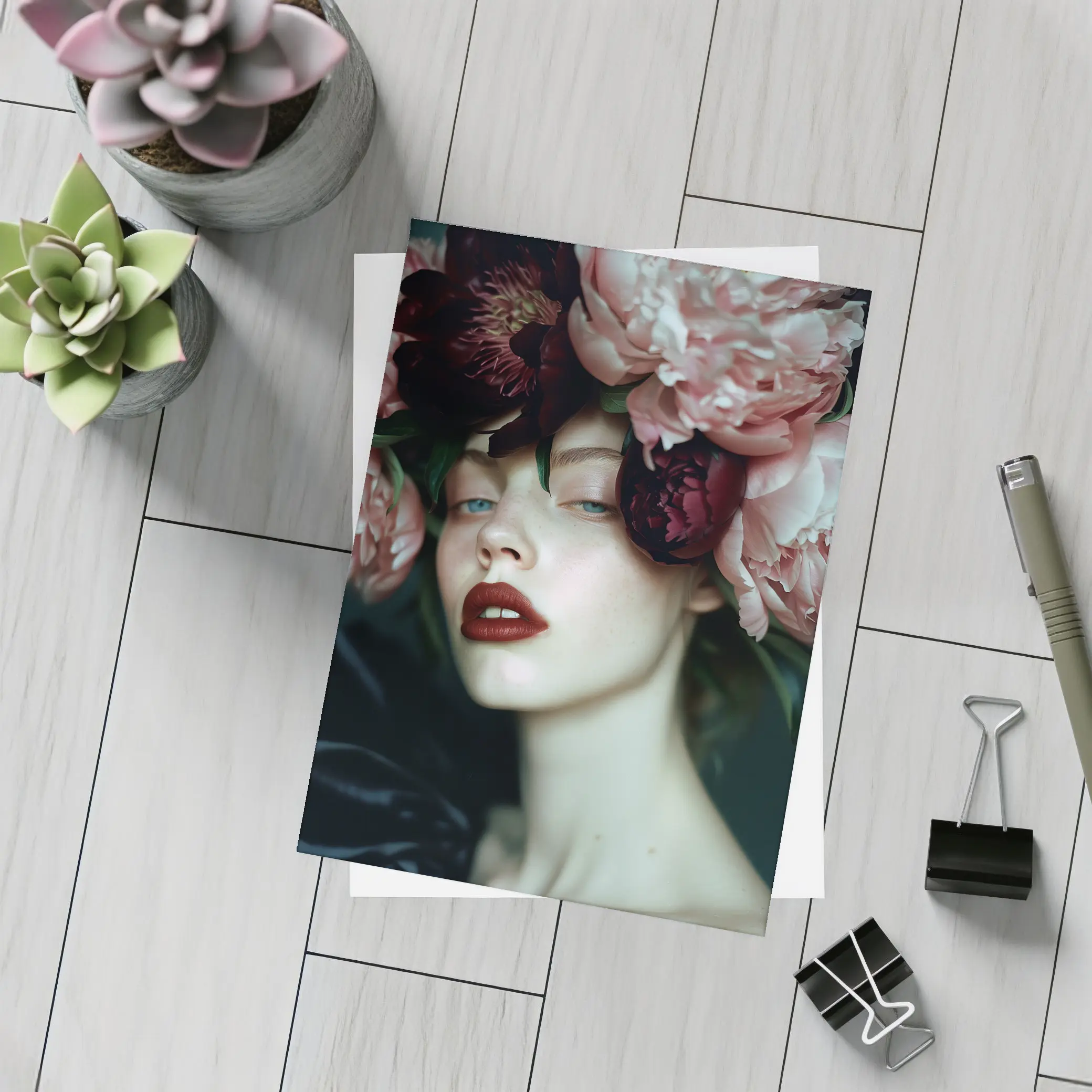 Woman With Pink Peonies Dark Floral – Postcards