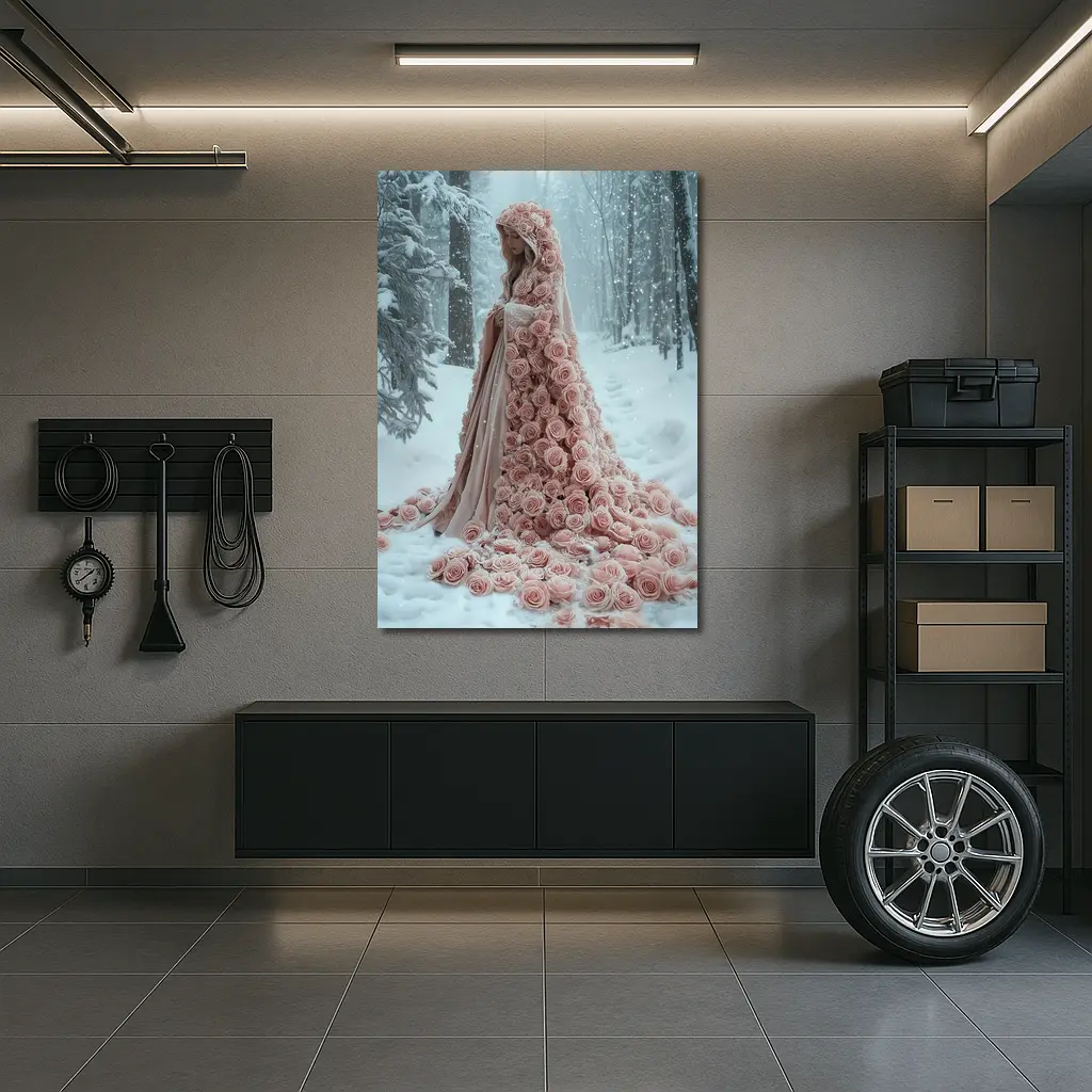 Woman Rose Cloak Snow Winter Forest – Wall Art