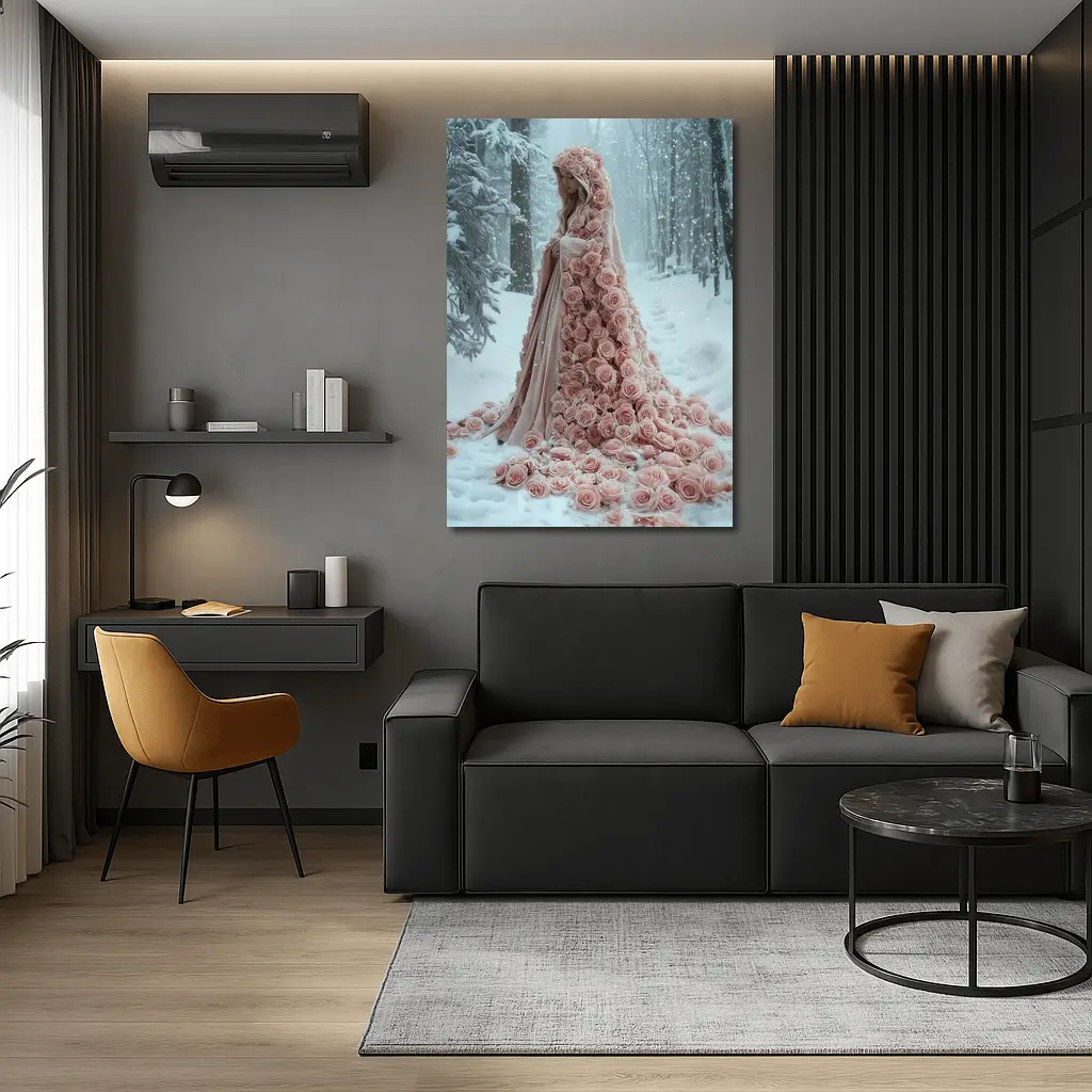 Woman Rose Cloak Snow Winter Forest – Wall Art
