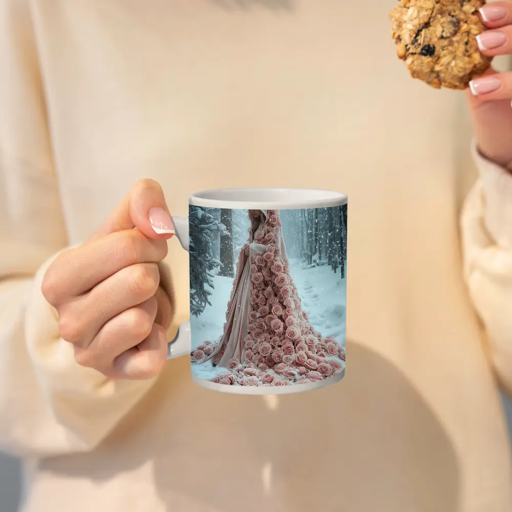 Woman Rose Cloak Snow Winter Forest – Mugs