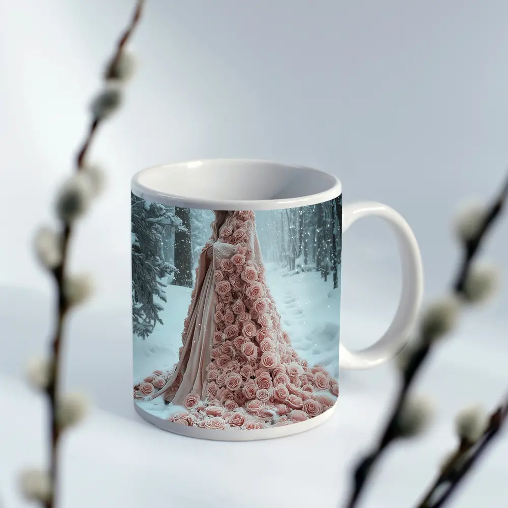 Woman Rose Cloak Snow Winter Forest – Mugs