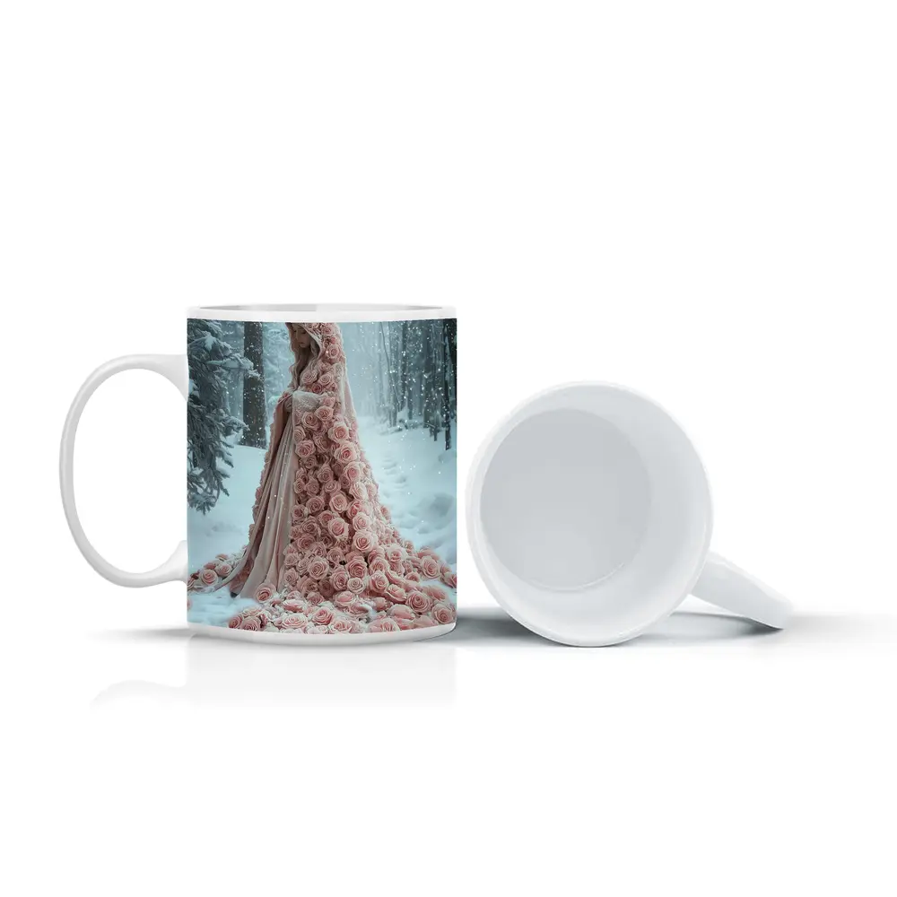 Woman Rose Cloak Snow Winter Forest – Mugs